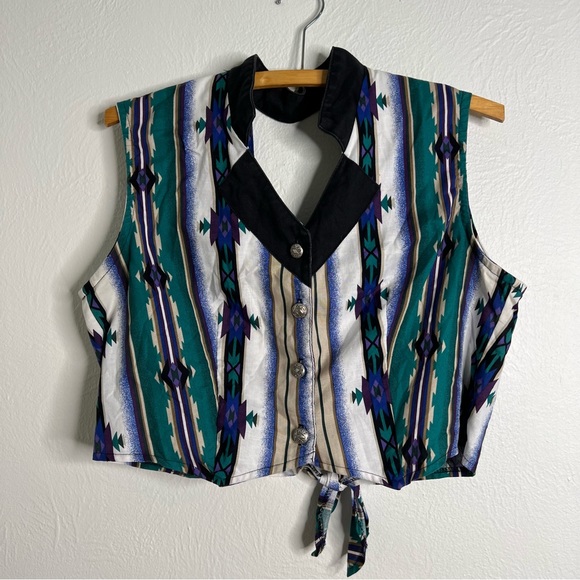Rough Rider Tops - Vintage Rough Rider White Turquoise Aztec Print Sleeveless Tie Front Crop Top